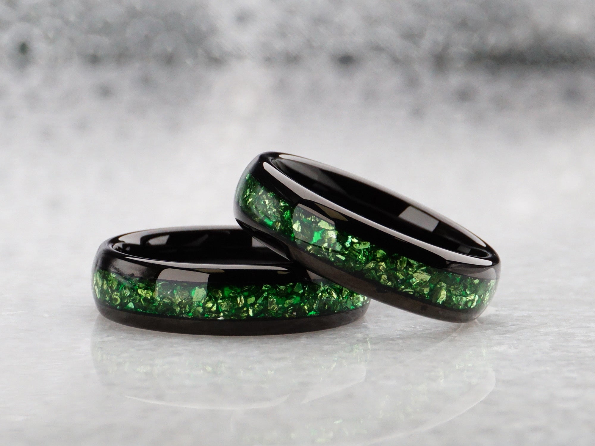 6mm green emerald ring, polished black tungsten ring with lab emerald gemstone inlay, modern mens wedding ring