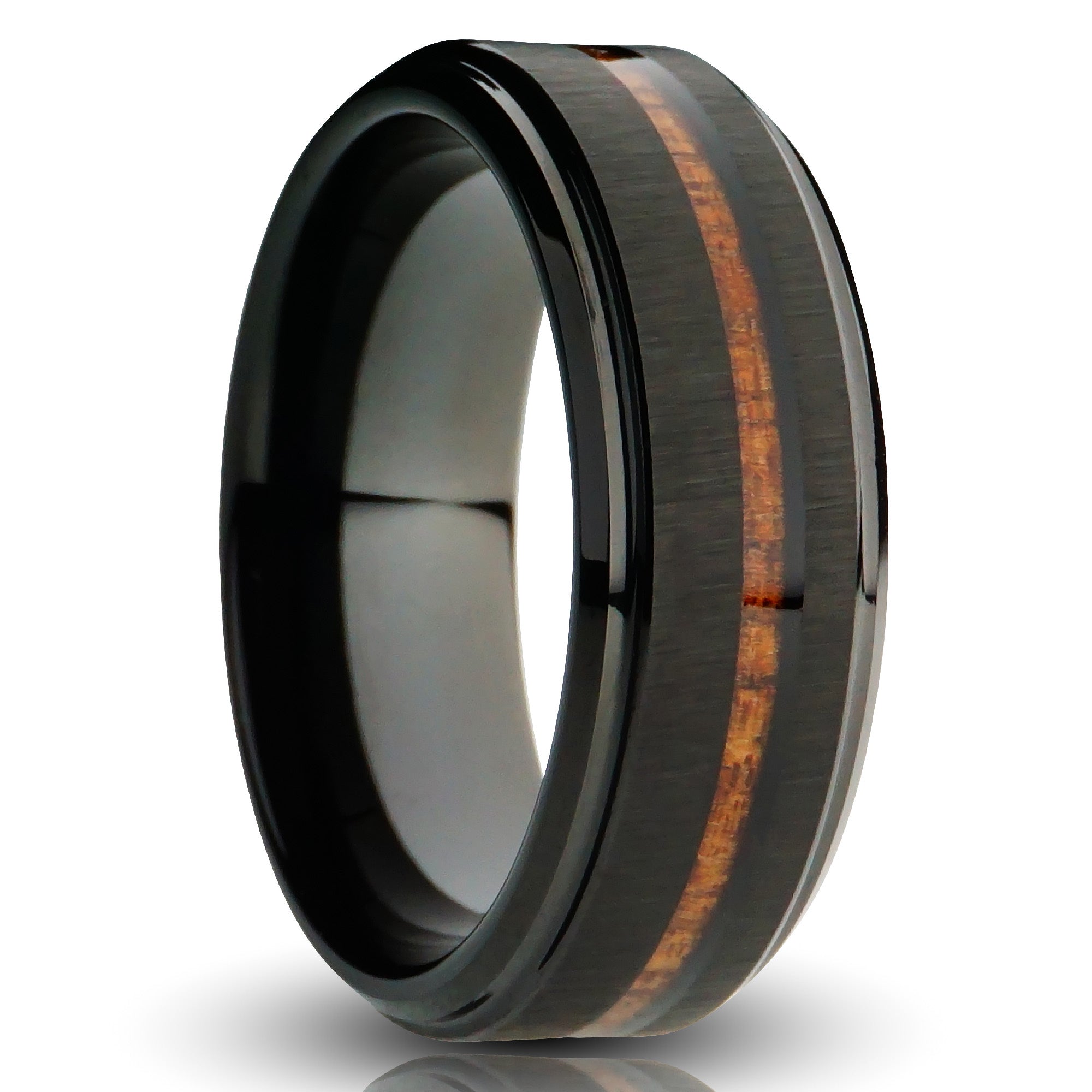 8mm aloha tungsten ring, black brushed color with koa wood strip inlay, mens wedding band, cutout photo