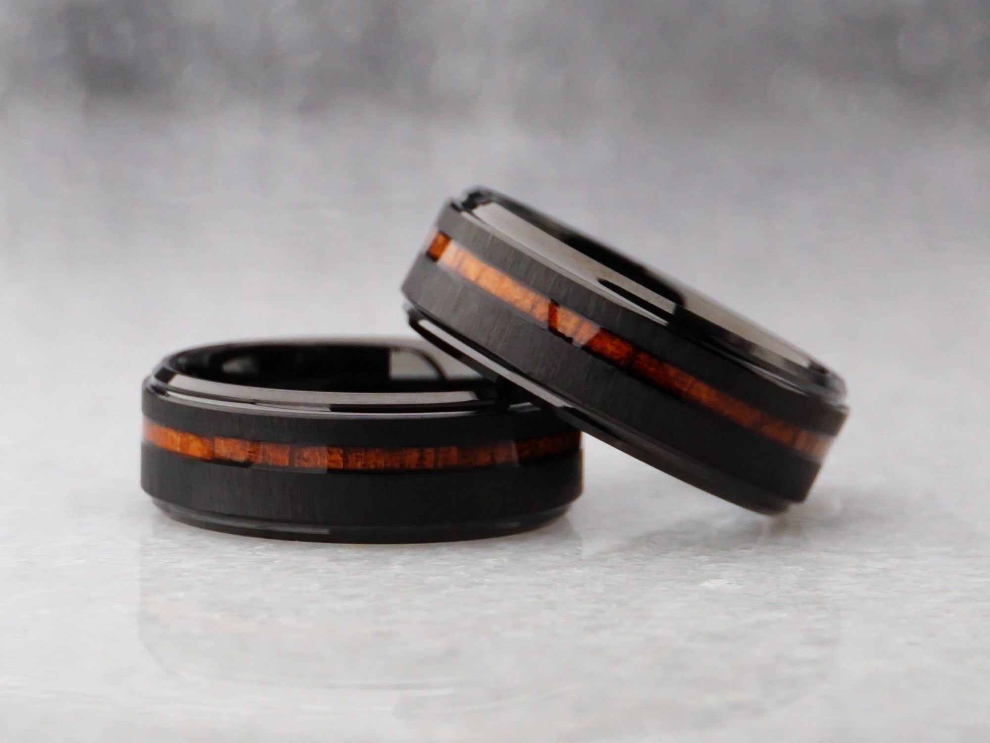 8mm black koa wood ring, brushed black tungsten ring with koa wood strip inlay, modern mens wedding ring