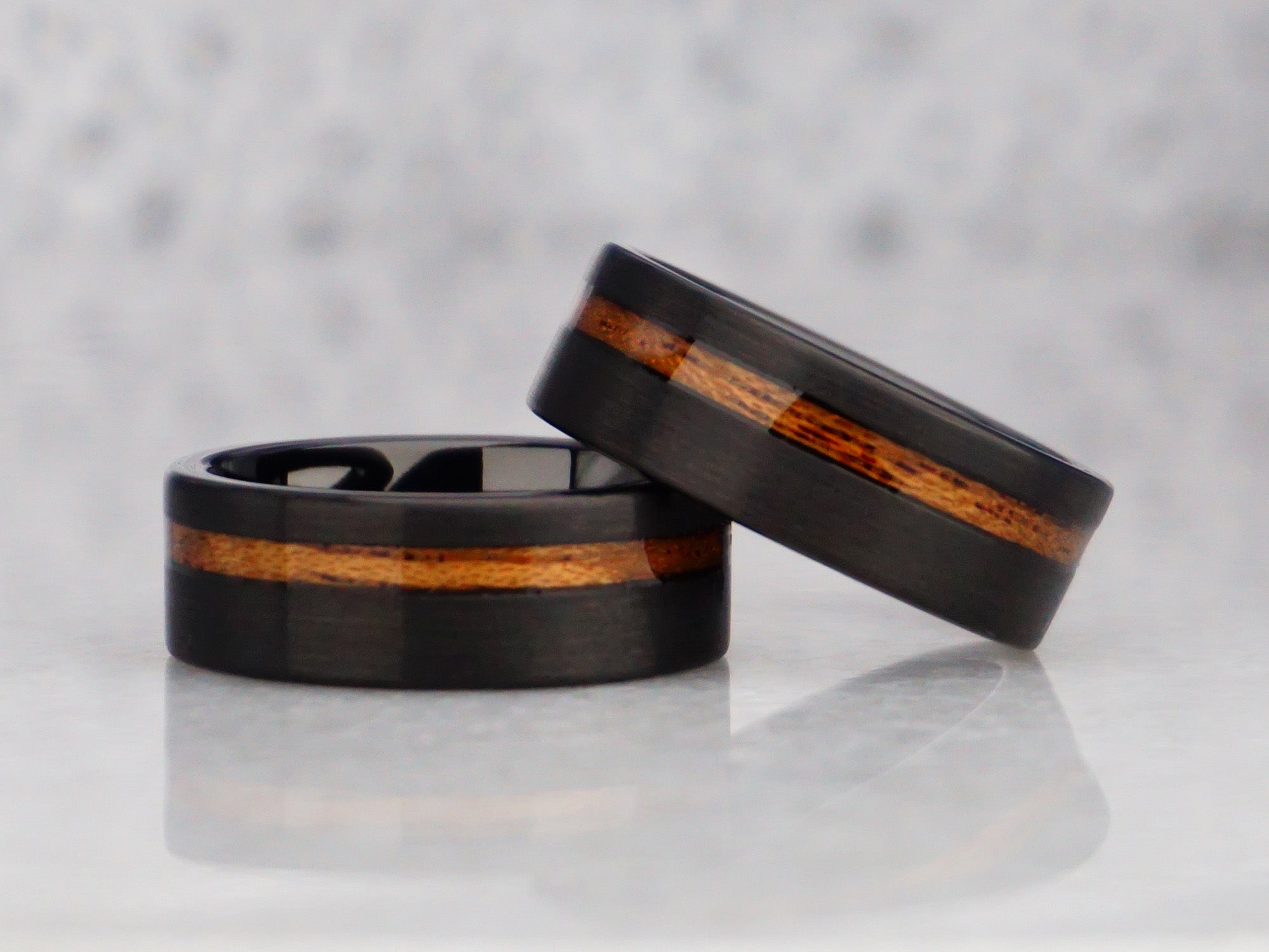 8mm black redwood ring, brushed black tungsten ring with redwood sequoia inlay, modern mens wedding ring