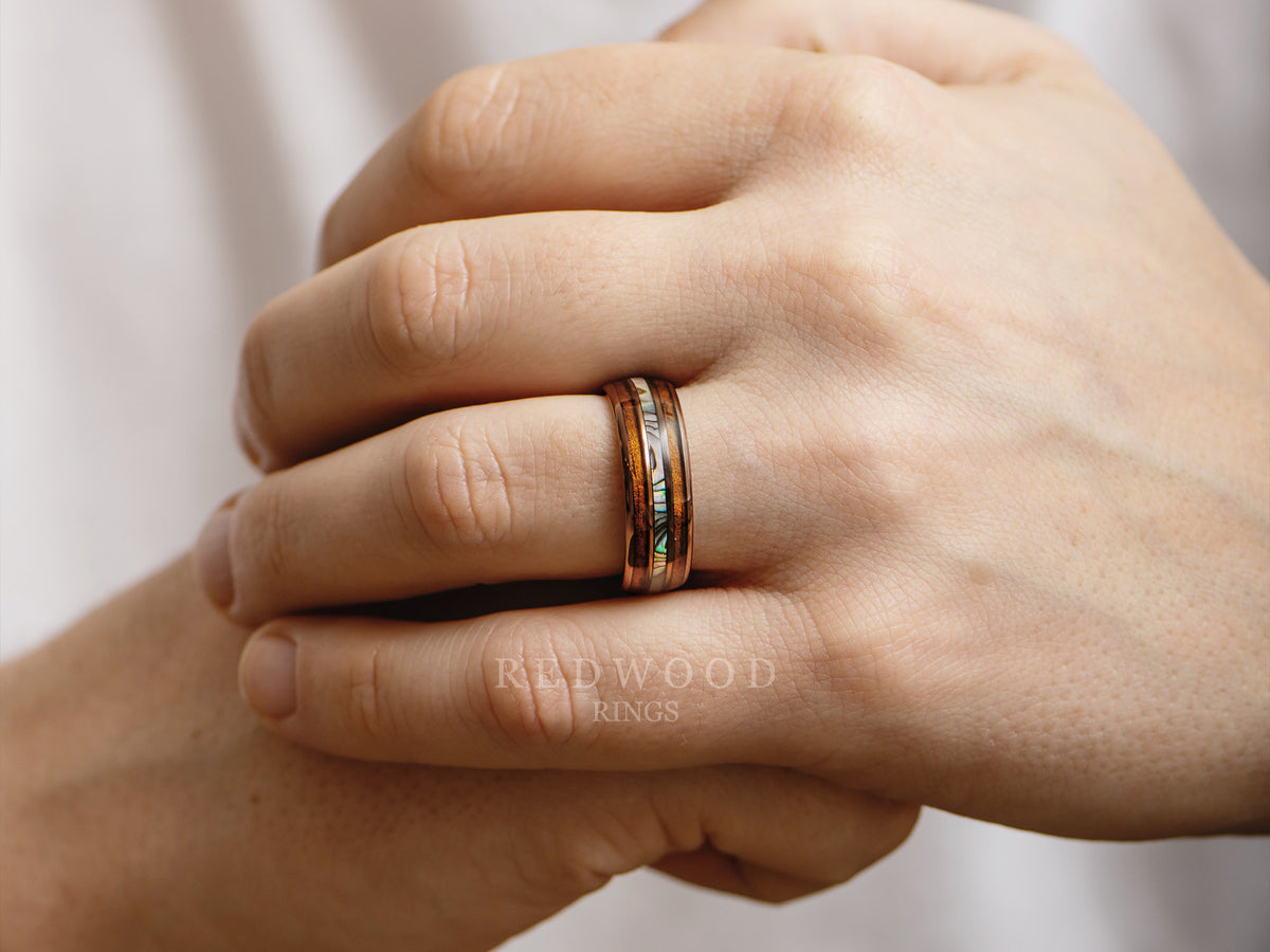The Hawaiian Tungsten Ring, Brown Color, Koa Wood and Abalone