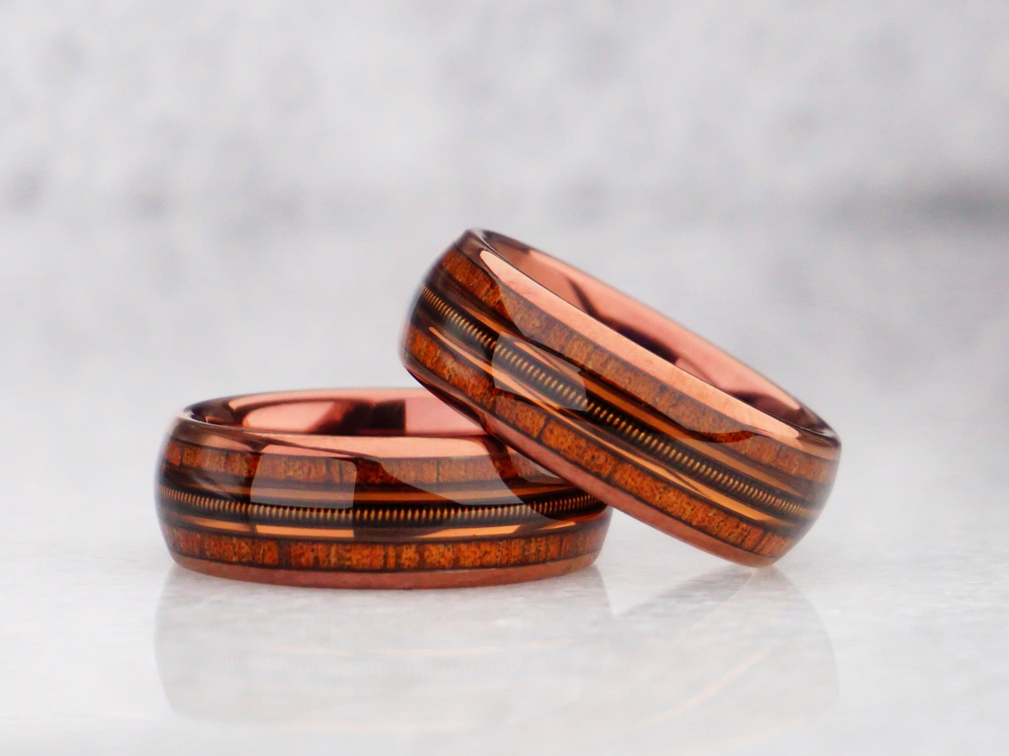 8mm brown koa wood guitar string, polished brown tungsten with double koa wood and guitar string inlay, modern mens wedding ring