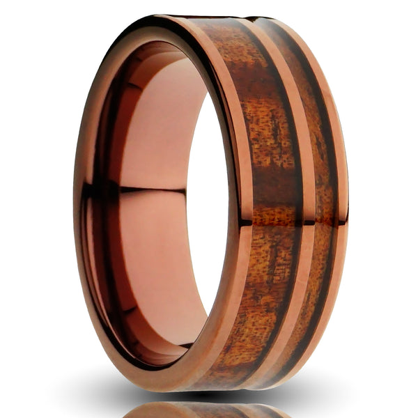 8mm brown koa wood tungsten ring, dual inlay shimmering koa wood, brown plated tungsten, mens wedding band, cutout photo