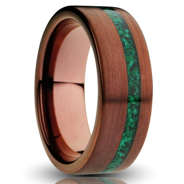8mm brown malachite tungsten ring, green malachite gemstone strip inlay, coffee brown brushed tungsten, mens wedding band, cutout photo