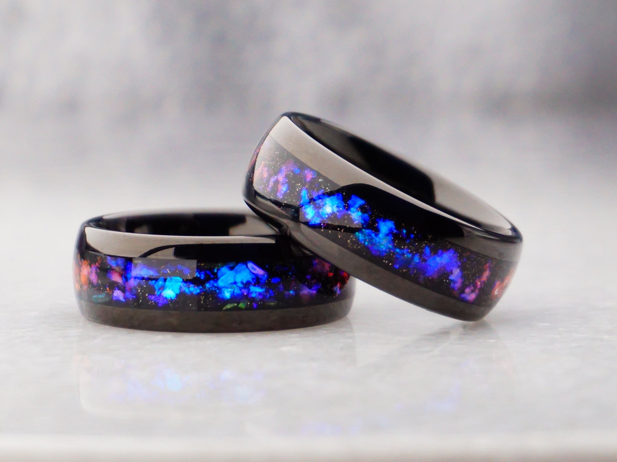 8mm galaxy ring, polished black tungsten ring with purple and blue milky way inlay, modern mens wedding ring