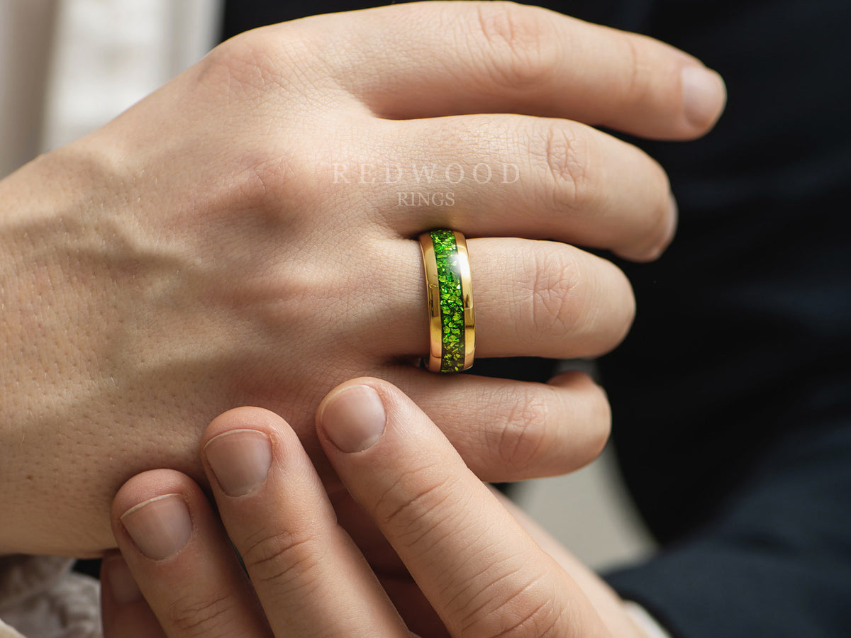 Gold Tungsten Ring With Green Lab-Grown Emerald Inlay - 8MM
