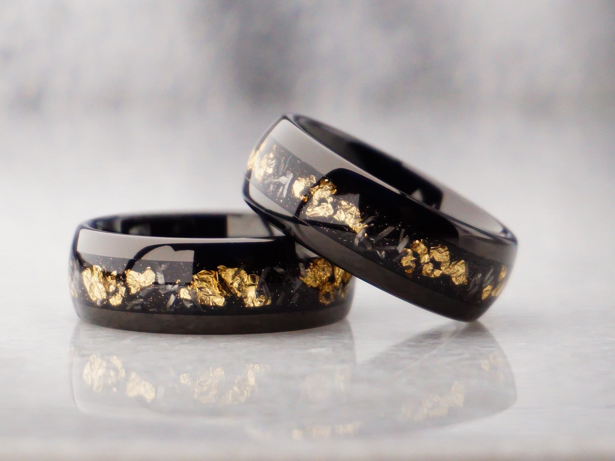 8mm gold leaf meteorite ring, polished black tungsten ring with meteorite metal and gold leaf inlay, modern mens wedding ring