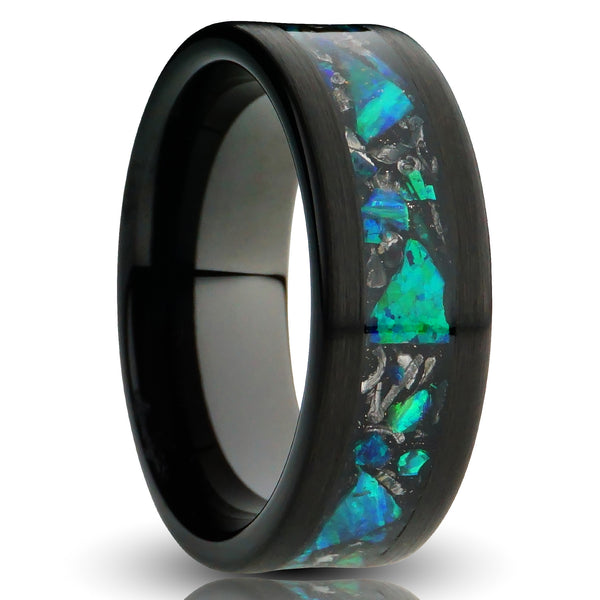 8mm green opal and meteorite tungsten ring, green blue opal meteorite inlay, black plated tungsten, mens wedding band, cutout photo