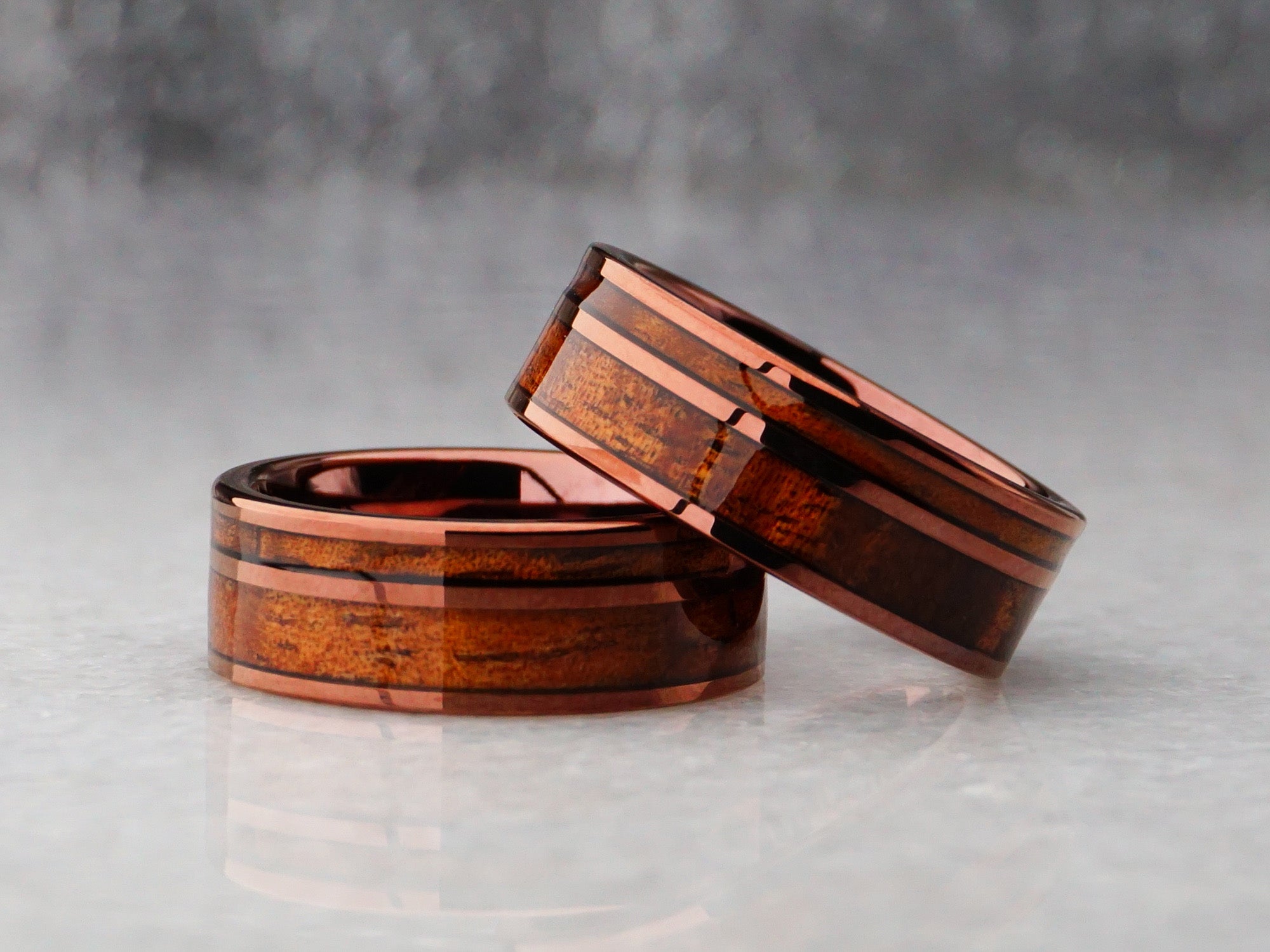 8mm hawaiian ring, polished brown tungsten ring with dual koa wood inlay, modern mens wedding ring.jpg