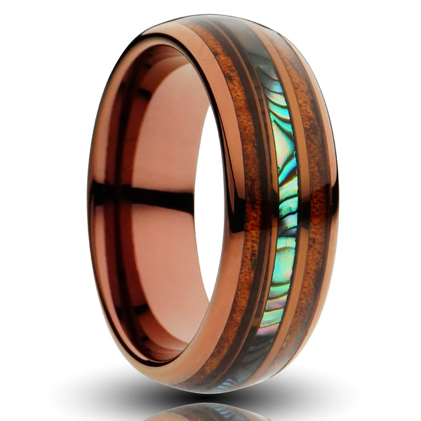 8mm hawaiian tungsten ring, dual koa wood and abalone shell inlays, brown polished tungsten, mens wedding band, cutout photo