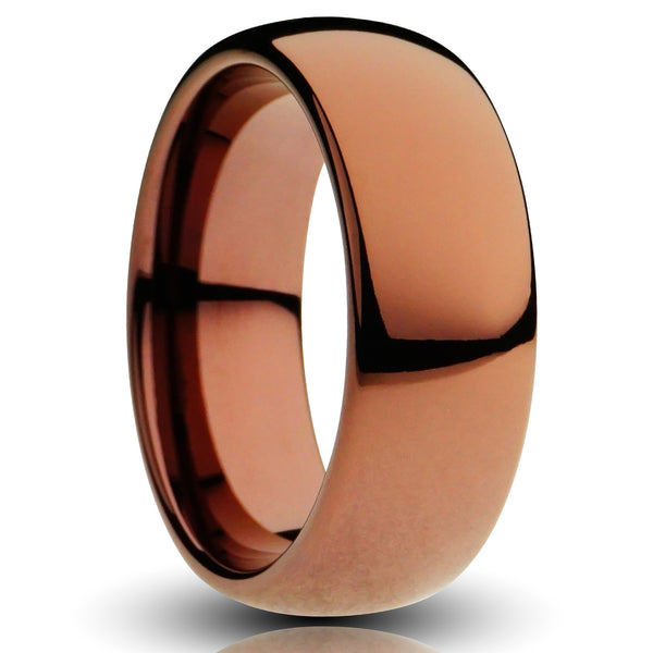 8mm polished brown tungsten ring, shiny coffee toffee color plated ring, modern mens wedding ring