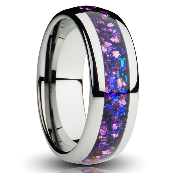8mm purple alexandrite tungsten ring, lab grown alexandrite gemstone inlay, silver tungsten, mens wedding band, cutout