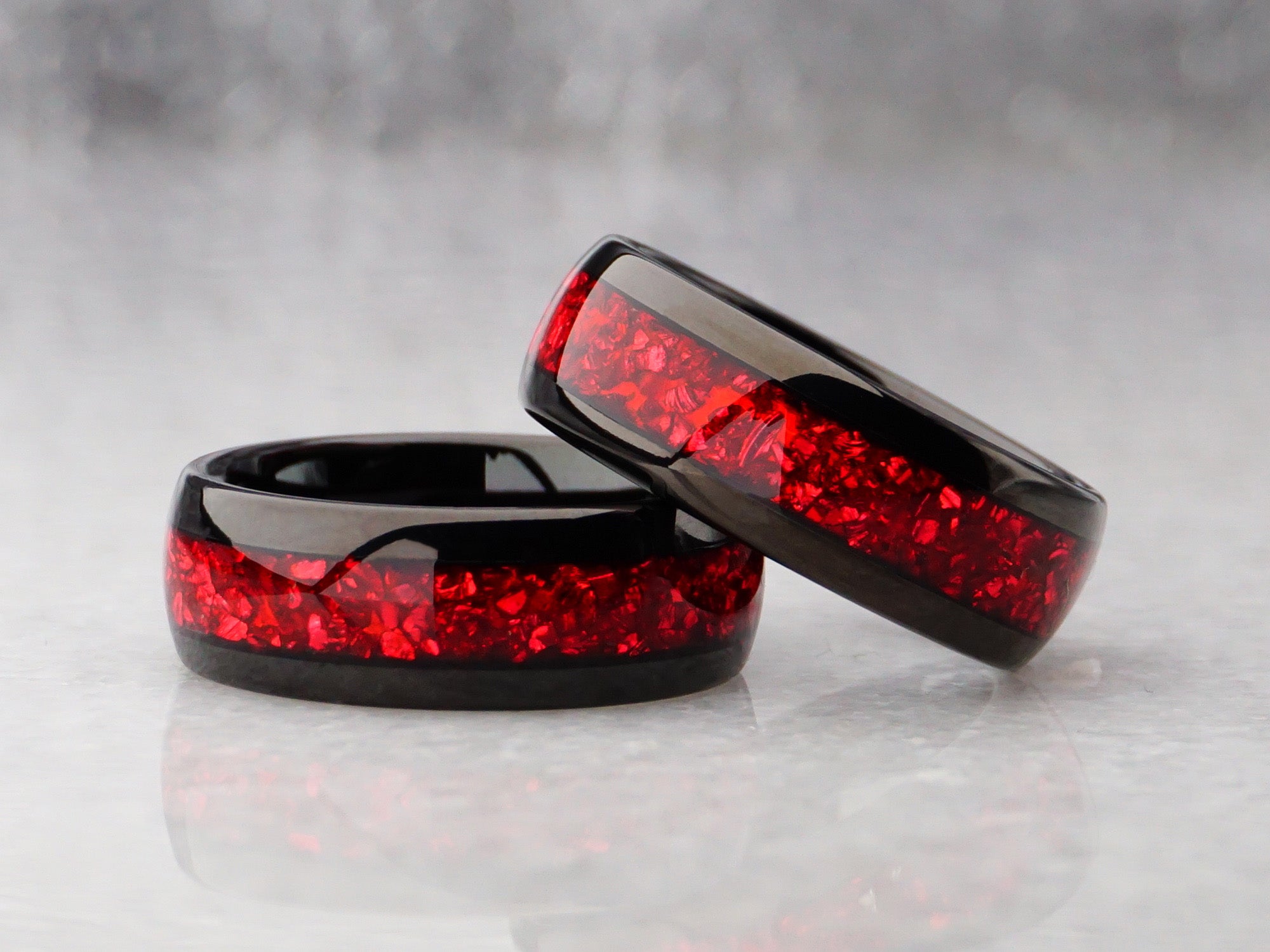 8mm red garnet ring, polished black tungsten ring with lab garnet gemstone inlay, modern mens wedding ring