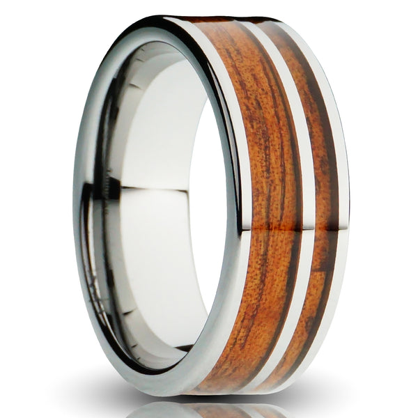 8mm silver koa wood tungsten ring, dual inlay shimmering koa wood, unplated silver tungsten, mens wedding band, cutout photo