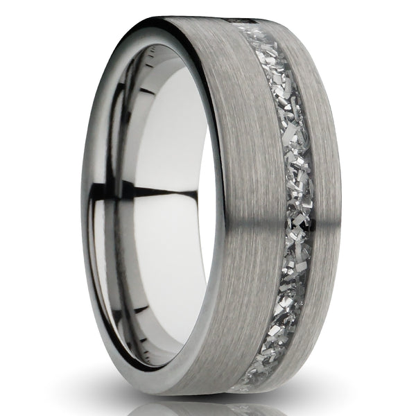 8mm silver meteorite tungsten ring, muonionalusta meteorite metal strip inlay, unplated silver tungsten, mens wedding band, cutout photo