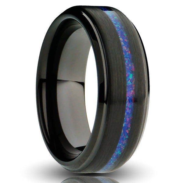 8mm twilight opal  tungsten ring, purple indigo opal inlay, black brushed gentlemans tungsten, mens wedding band, cutout photo