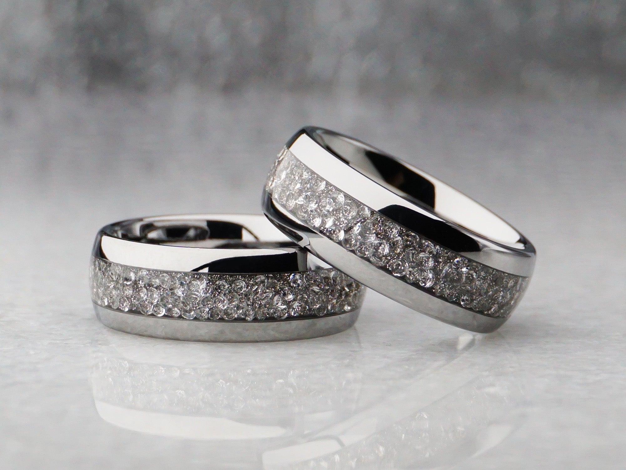 8mm white diamond ring, polished silver tungsten ring with lab diamond gemstone inlay, modern mens wedding ring