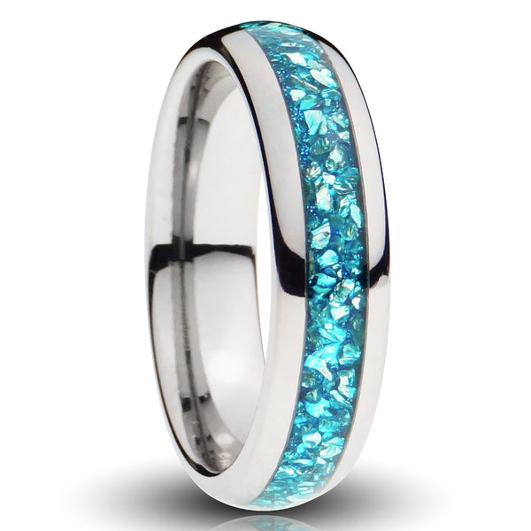 Silver Tungsten Ring, Aquamarine Gemstone Inlay - 6MM