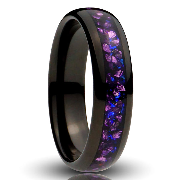 Black Tungsten Ring With Purple Lab Grown Alexandrite Inlay - 6MM