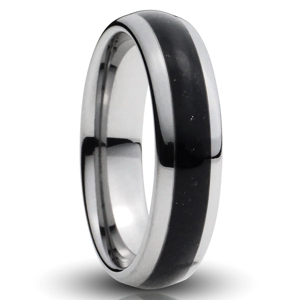 Silver Tungsten Ring, Black Onyx Gemstone Inlay - 6MM