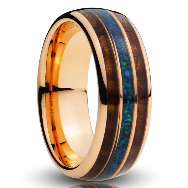 Rose Gold Redwood Ring, Green Opal and Sequoia Inlay - 8MM