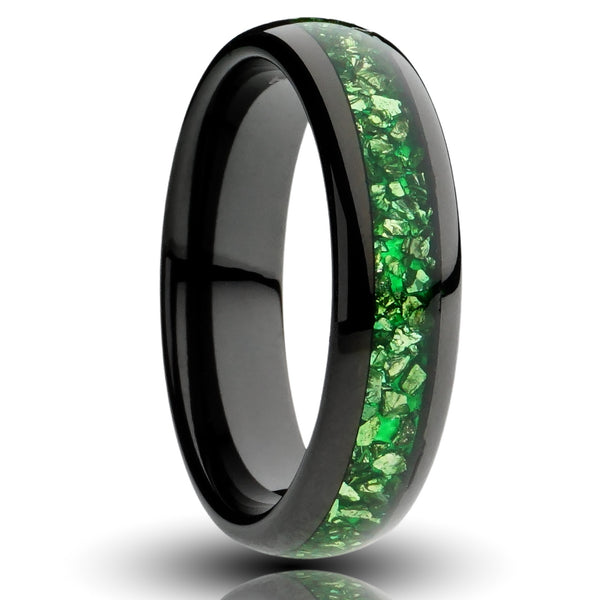 Green Emerald black ring, 6mm lab grown emerald inlay, black tungsten, mens wedding band, cutout