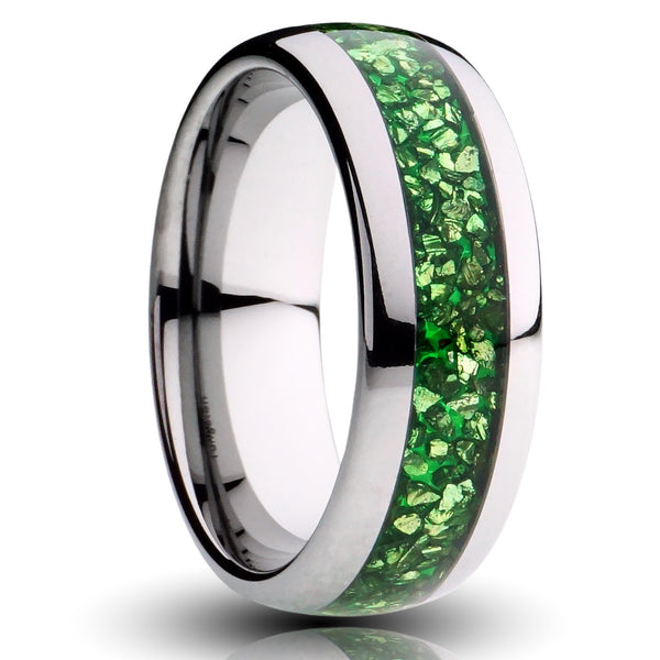 Green Emerald silver ring, 8mm lab grown emerald inlay, silver tungsten, mens wedding band, cutout