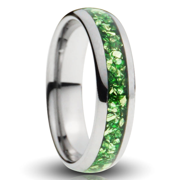 Silver Tungsten Ring, Green Emerald Gemstone Inlay - 6MM