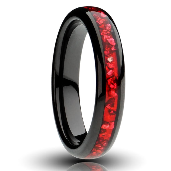 Red Garnet black band, 4mm lab grown garnet inlay, black ruby tungsten ring, mens wedding band, cutout