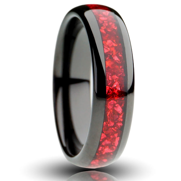Red Garnet black band, 6mm lab grown garnet inlay, black ruby tungsten ring, mens wedding band, cutout