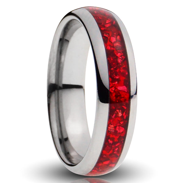 Silver Tungsten Ring, Garnet Red Gemstone Inlay - 6MM