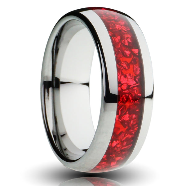 Red Garnet tungsten ring, 8mm lab grown garnet inlay, silver ruby band, mens wedding band, cutout