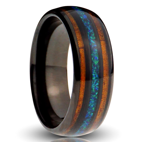 Black Redwood Opal Ring, Green Opal and Sequoia Inlay - 8MM