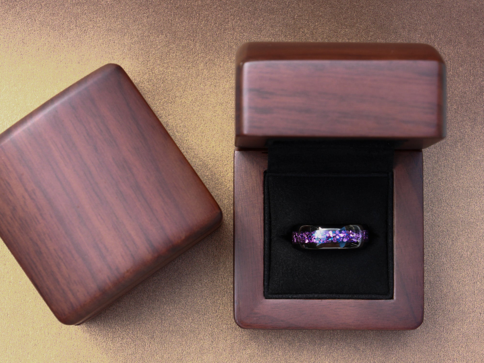 alexandrite tungsten ring, black polished ring with purple lab alexandrite inlay, unique mens wedding ring, walnut wood box