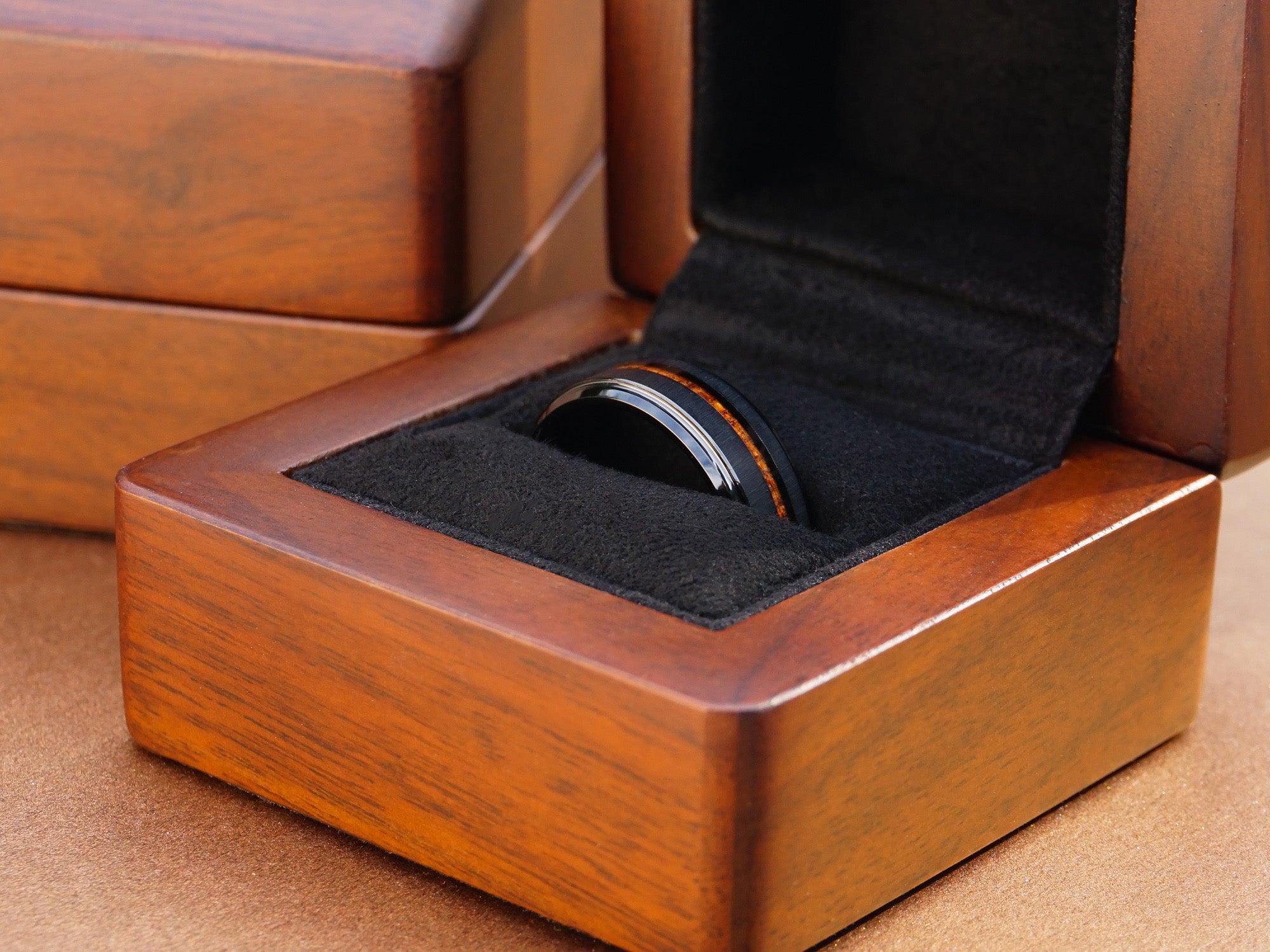 aloha tungsten ring, black brushed matte 8mm ring with koa wood acacia inlay, mens wedding band, luxury wood ring box
