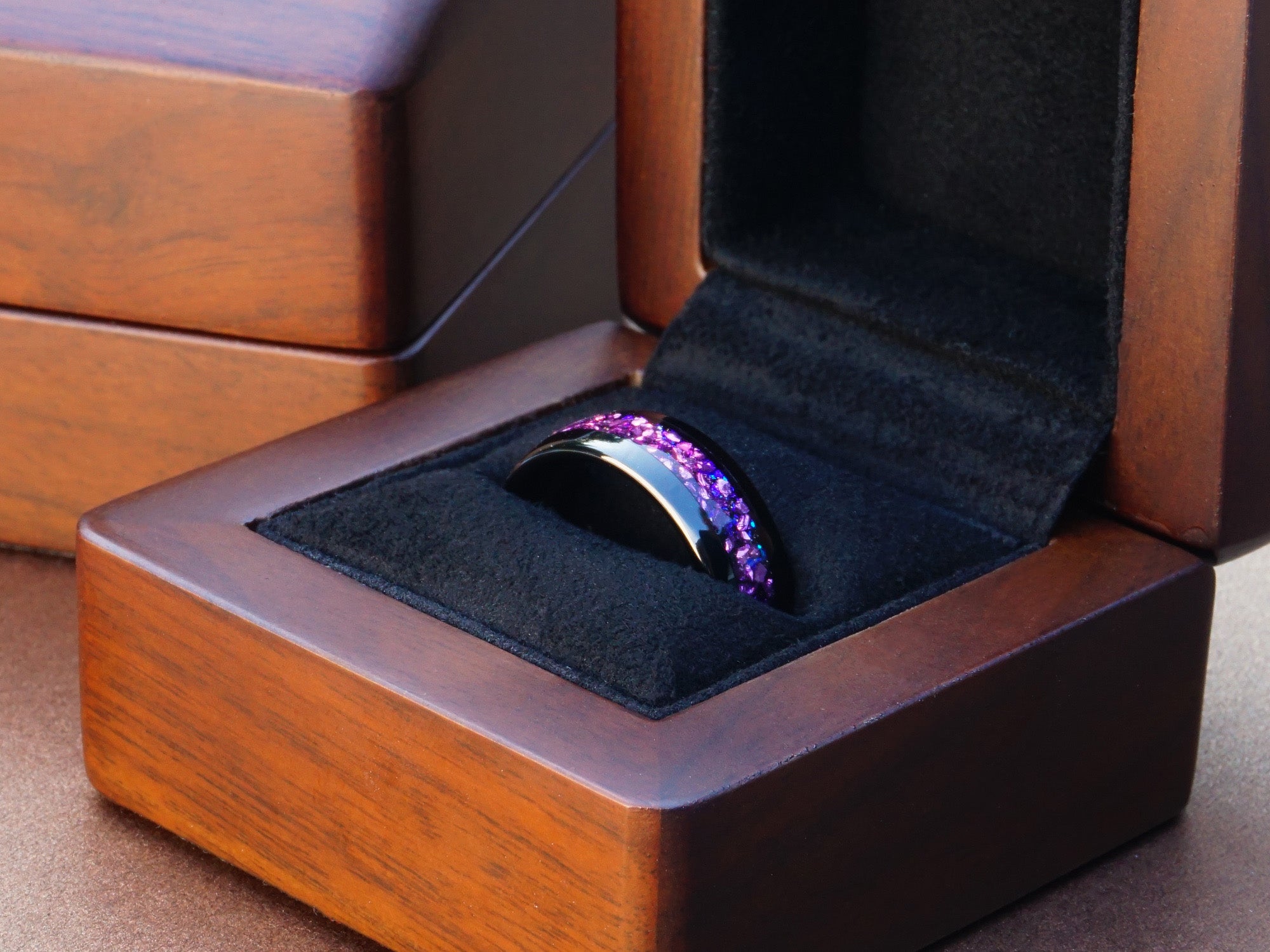 black alexandrite tungsten ring, black polished 8mm ring with purple lab alexandrite inlay, mens wedding band, luxury wood ring box