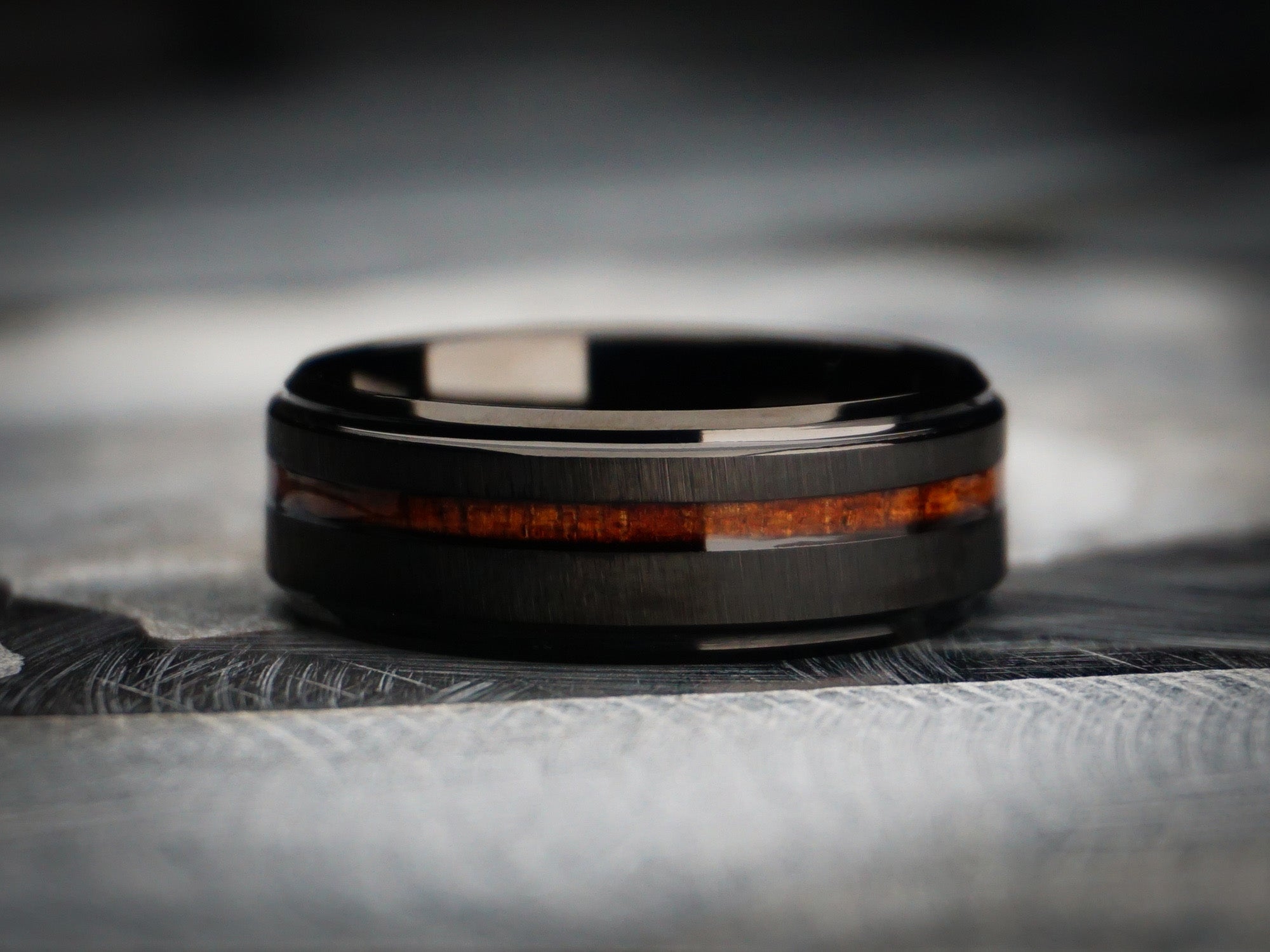 black aloha ring with koa wood inlay, 8mm width, black gentlemans band, mens koa wood wedding ring, dark stone