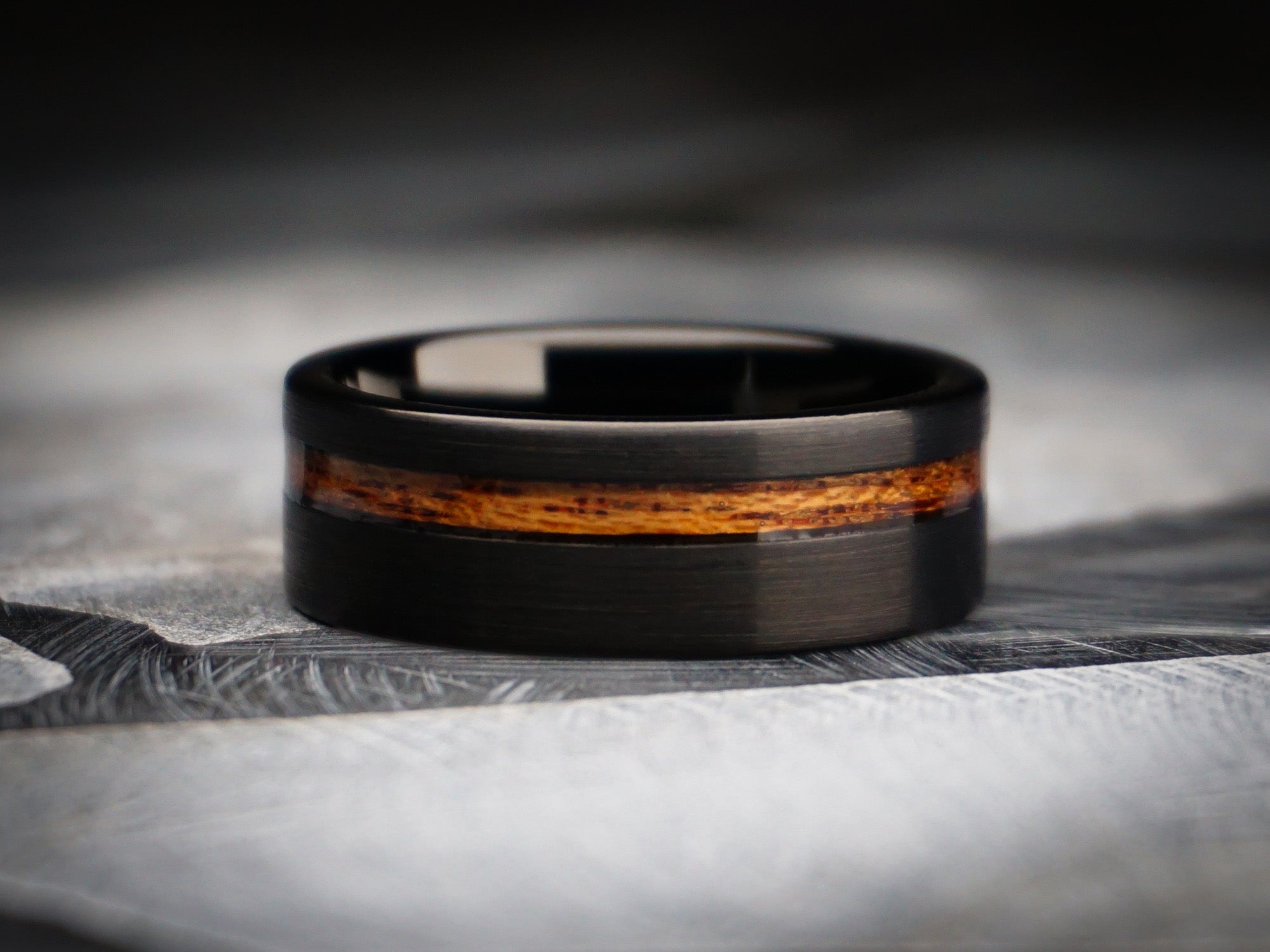 black brushed ring with redwood inlay, 8mm width, black tungsten ring, mens sequoia wedding ring, dark stone