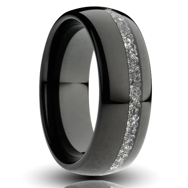 black diamond tungsten ring, 8mm lab grown diamond inlay, black plated tungsten, comfort fit mens wedding band, cutout photo