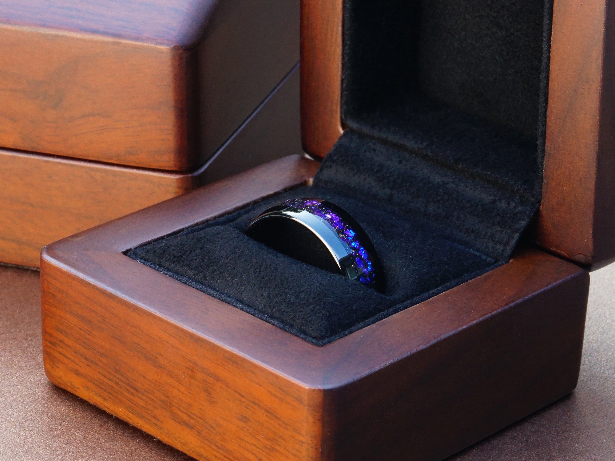 black galaxy tungsten ring, black polished 8mm ring with purple blue nebula inlay, mens wedding band, luxury wood ring box