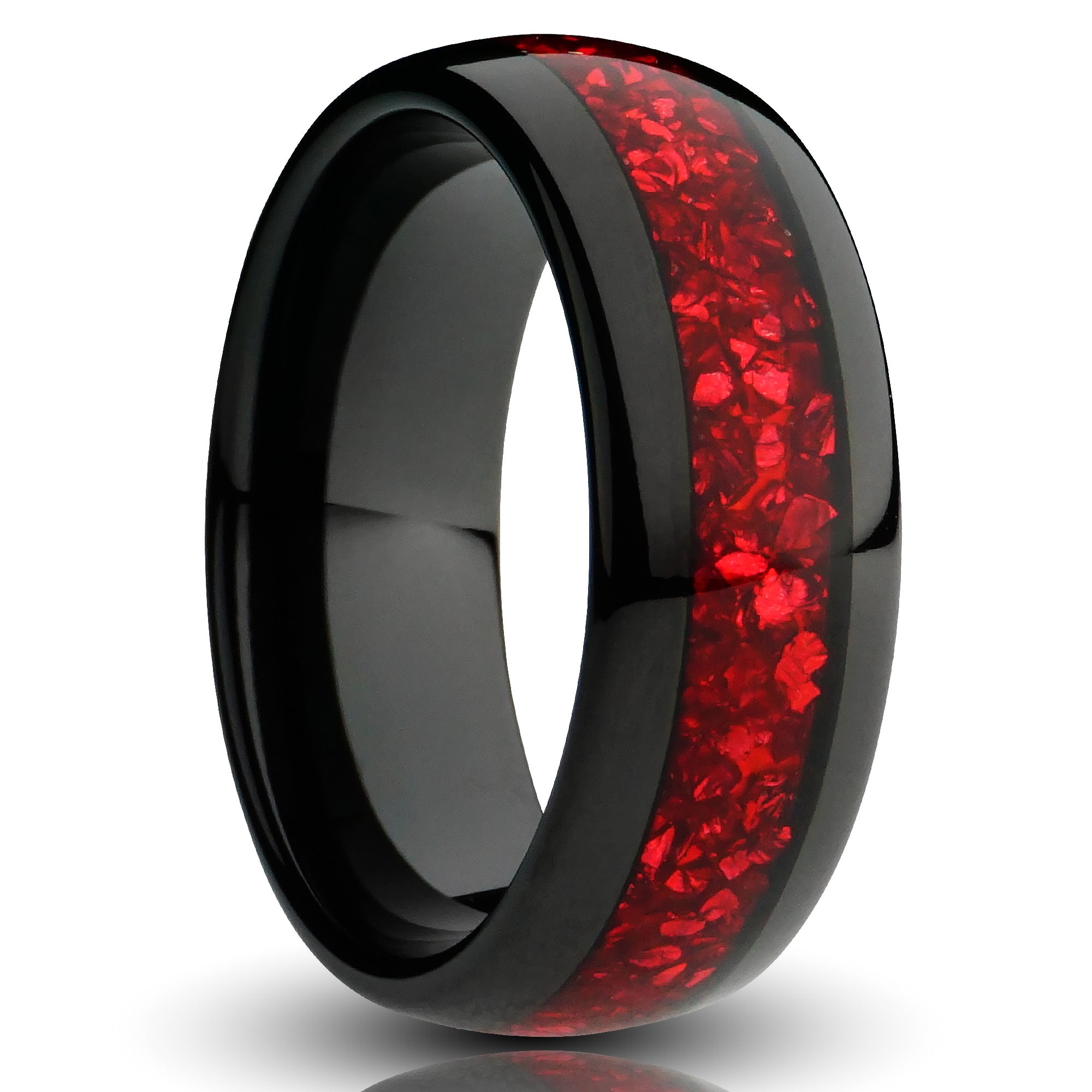 black garnet tungsten ring, 8mm ruby red lab grown garnet inlay, black plated tungsten, comfort fit mens wedding band, cutout