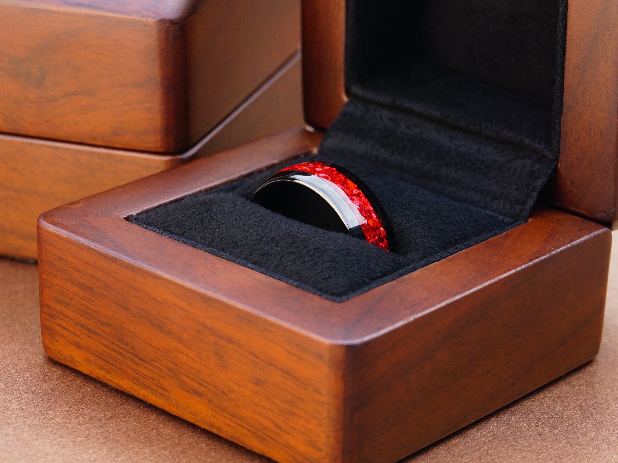 black garnet tungsten ring, black polished 8mm ring with ruby red lab garnet inlay, mens wedding band, luxury wood ring box