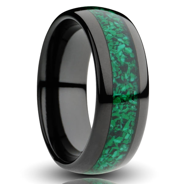 black malachite tungsten ring 8mm green malachite inlay emerald color, black plated tungsten, comfort fit mens wedding band cutout