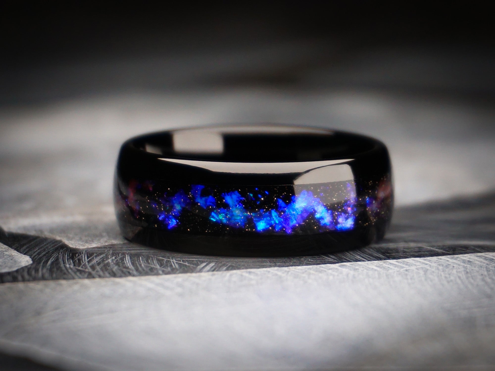 black polished ring with galaxy inlay, black blue tungsten ring, 8mm width, unique mens wedding ring, dark stone