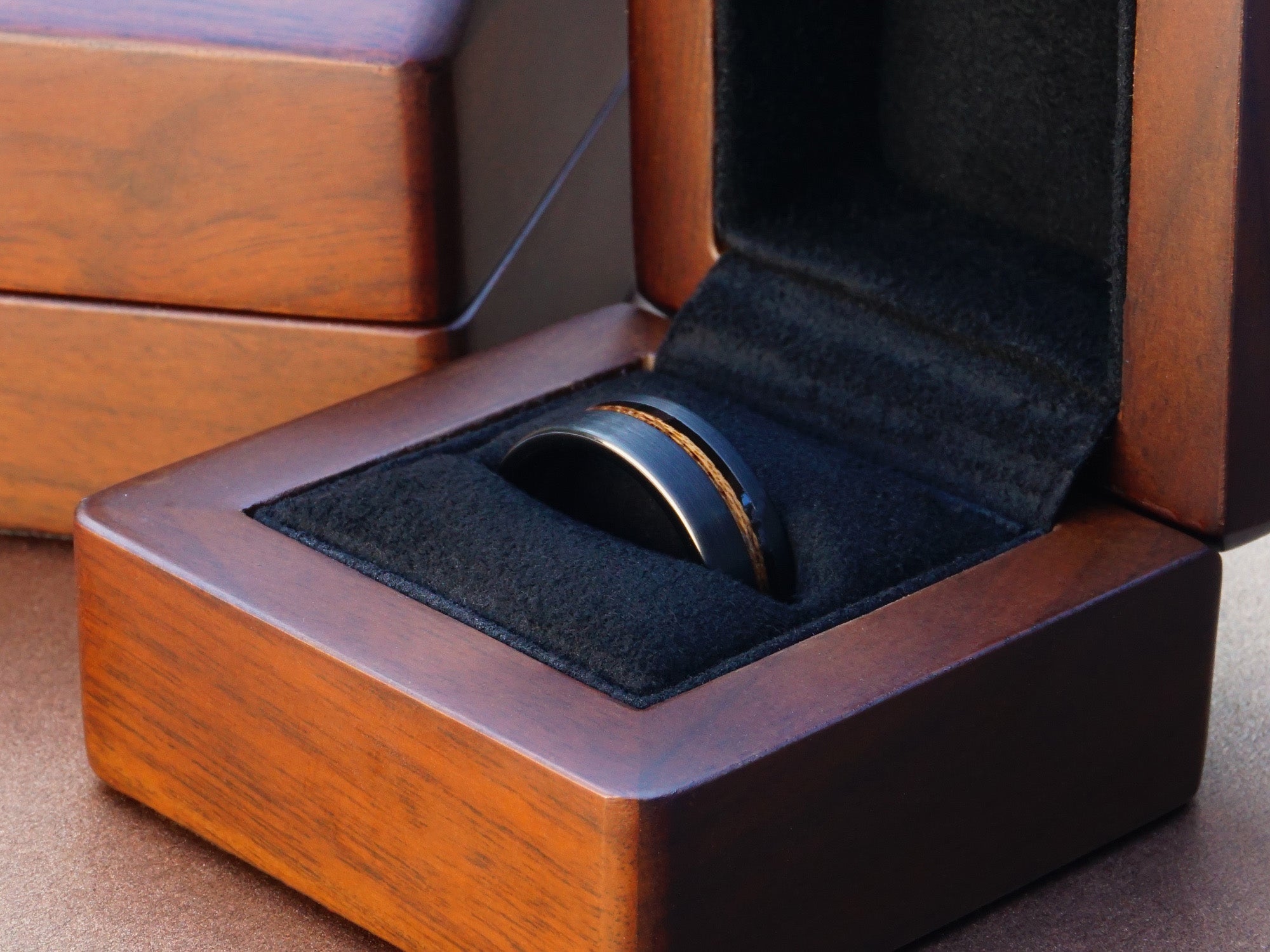 black red wood tungsten ring, brushed black 8mm with sequoia wood inlay, mens wedding band, luxury wood ring box