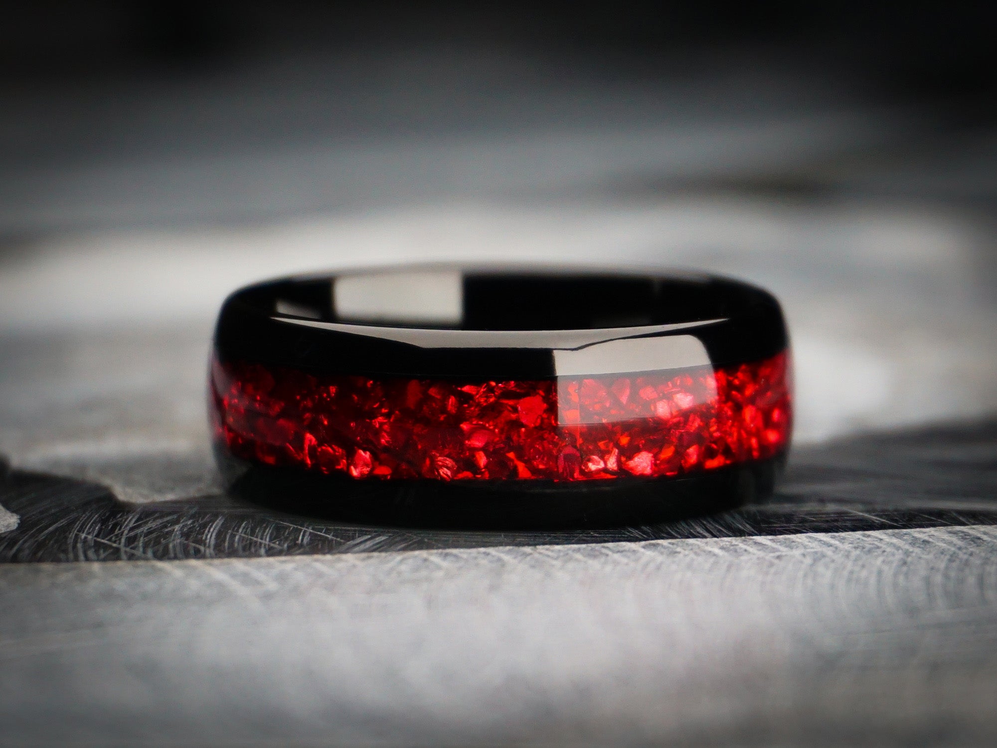 black ring with dark red lab garnet gemstone, black ruby red tungsten ring, 8mm width, unique mens wedding ring, dark stone