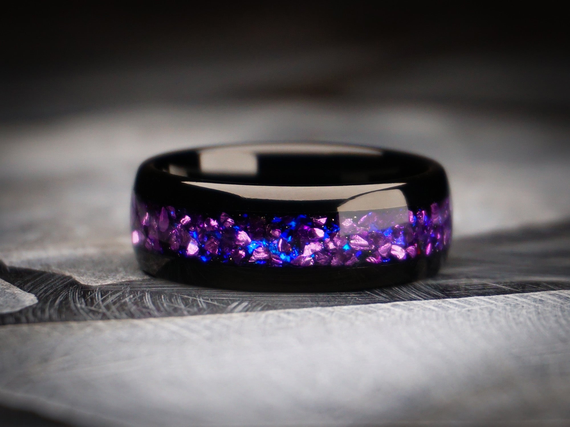 black ring with purple lab alexandrite gemstone, black purple tungsten ring, 8mm width, unique mens wedding ring, dark stone