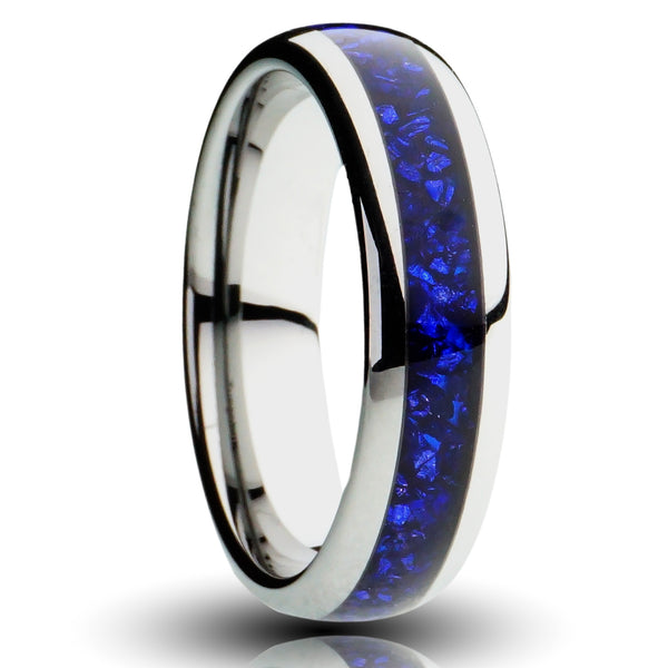 blue sapphire silver ring, 6mm dark blue lab grown sapphire inlay, silver unplated tungsten, comfort fit mens wedding band, cutout