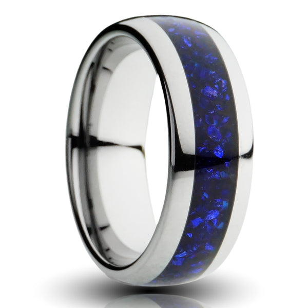 blue sapphire silver tungsten ring, 8mm dark blue lab grown sapphire inlay, silver plated tungsten, comfort fit mens wedding band, cutout