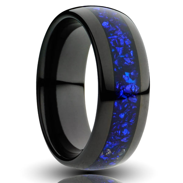 blue sapphire tungsten ring, 8mm dark blue lab grown sapphire inlay, black plated tungsten, comfort fit mens wedding band, cutout